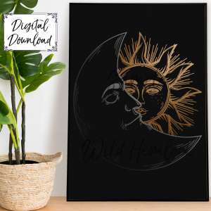 Sun and Moon Vintage Celestial Art Print with Gray Background