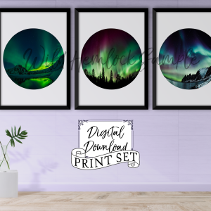 Northern Lights Scandinavian Print Set Featuring Three Different Aurora Borealis Landscapes available at WildHemlock.com