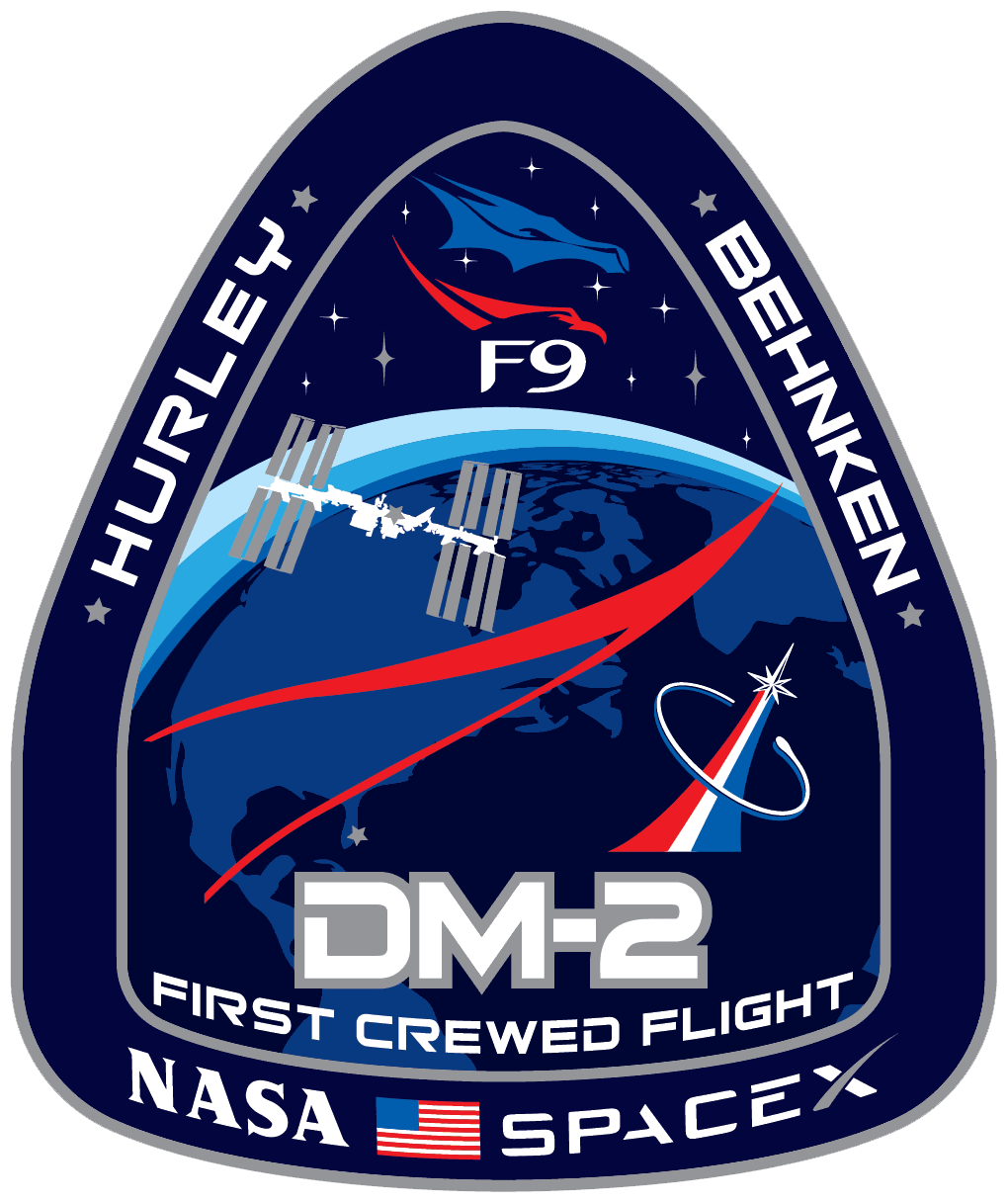 NASA and SpaceX DM-2 Crew Dragon Mission Patch. Learn more about the first commercial space launch at WildHemlock.Com.