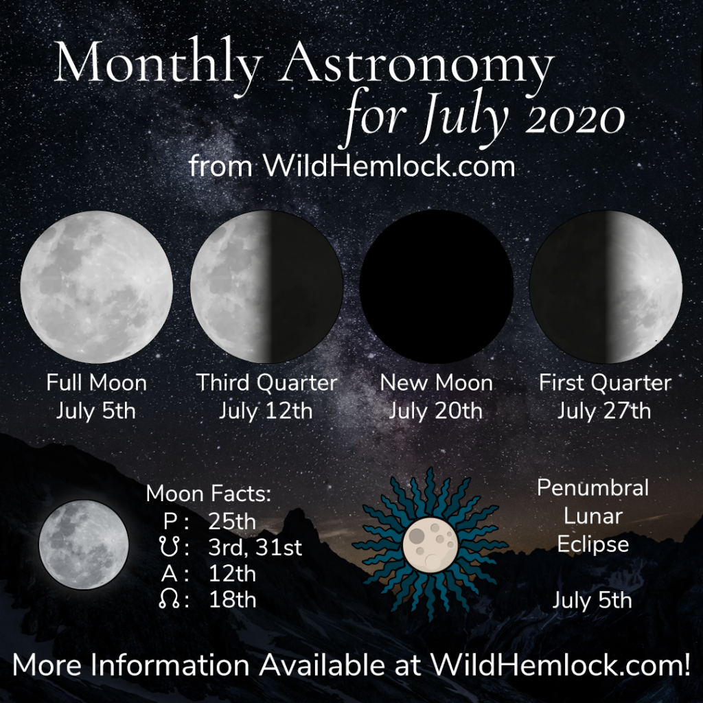 Monthly Astronomy for July 2020. The Full Moon, New Moon, Eclipses, Solstices, and more! Learn more at WildHemlock.com!