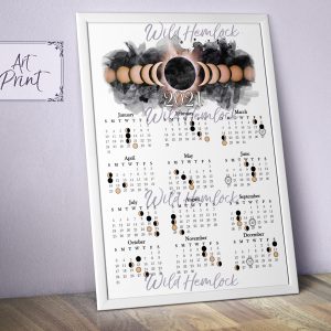 2021 Moon Calendar – Eclipse Moon Phase Lunar Calendar at WildHemlock.com. This printable calendar features all of the moon phases, solstices, and equinoxes of 2021. Excellent wall calendar moon art gift, moon phase calendar, witch calendar, astrology calendar, and yearly planner.