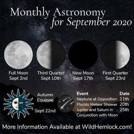 Monthly Astronomy for September 2020. Learn more about moon phases, eclipses, meteor showers, planetary alignments, and other astronomical phenomena at WildHemlock.com