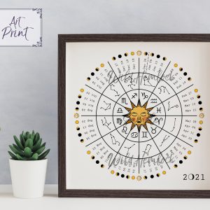 2021 Moon Calendar with Zodiac Wheel and Astrology symbols and constellations. Includes each moon phase, solstice, and equinox of 2021! Available at WildHemlock.com