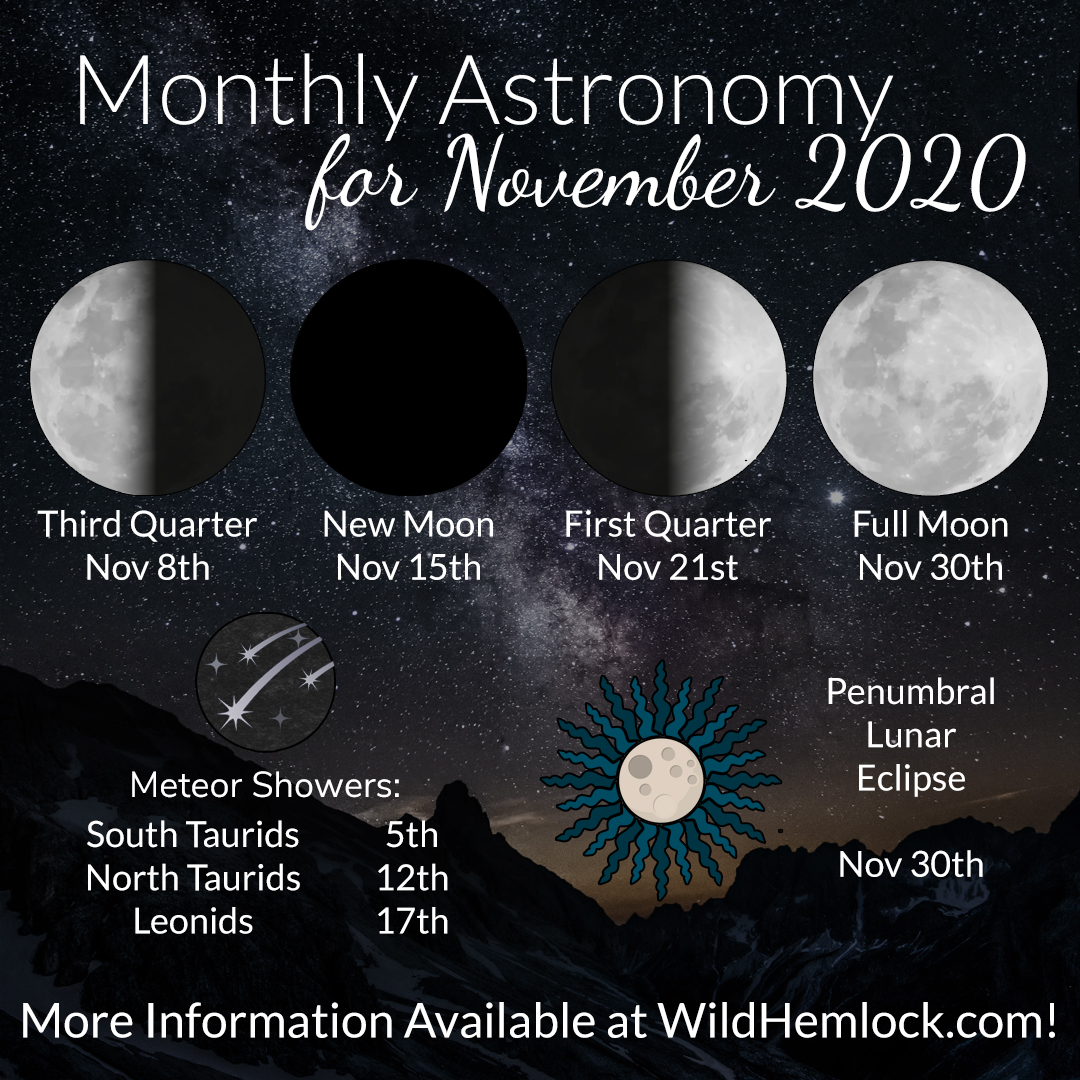 Monthly Astronomy for November 2020. Read more about this month's moon phases, lunar eclipse, and meteor showers at WildHemlock.com!