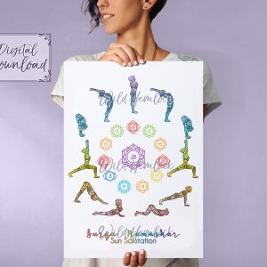 Yoga Sun Salutation Rainbow Art Print with Chakra Yoga Studio Decor at WildHemlock.com