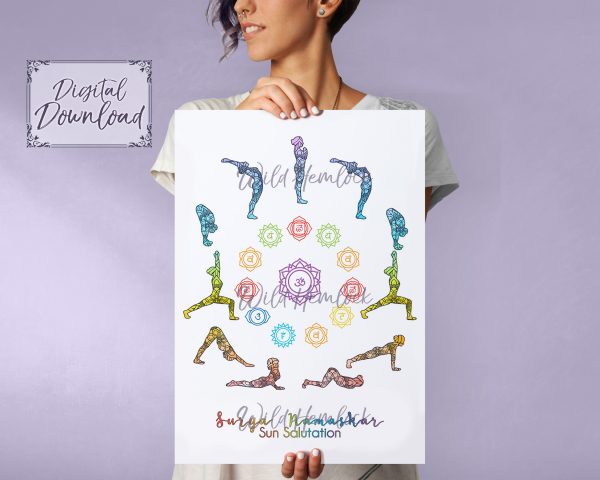 Yoga Sun Salutation Rainbow Art Print with Chakra Yoga Studio Decor at WildHemlock.com