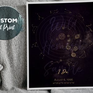 Custom Star Map Solar System with Zodiac Constellations set in Gold on a Purple background. Your custom celestial star map for your special date, available at WildHemlock.com