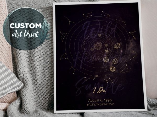 Custom Star Map Solar System with Zodiac Constellations set in Gold on a Purple background. Your custom celestial star map for your special date, available at WildHemlock.com