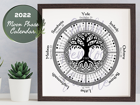 Celtic Tree of Life Wheel of the Year Moon Phase Calendar Lunar Calendar at WildHemlock.Com and WildHemlockArt.Etsy.Com