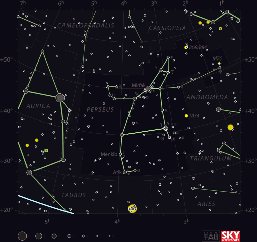 Perseus Constellation. Learn more about Perseus and the Perseid Meteor Shower at Wild Hemlock WildHemlock.Com