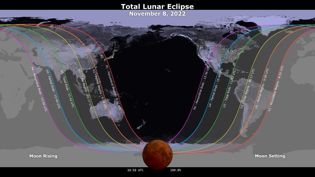 Total Lunar Eclipse Map for November 8 2022. Learn more at Wild Hemlock WildHemlock.Com