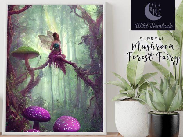 Purple Fairy Mushroom Forest Fairycore Art Fantasy Surreal Wall Art AI Generated Art at Wild Hemlock WildHemlock.Com