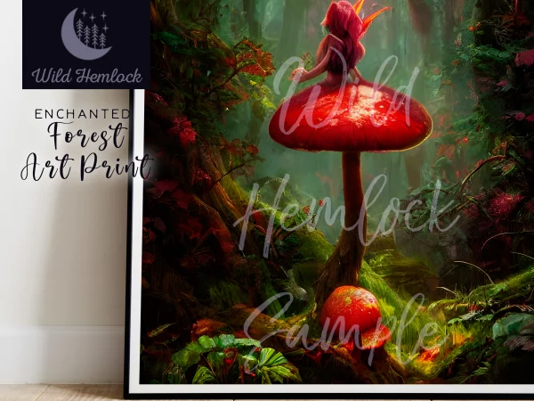 Fairy Enchanted Forest Mushroom AI Art Dark Cottagecore Wall Art at Wild Hemlock WildHemlock.Com