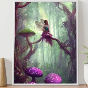 Purple Fairy Mushroom Forest Fairycore Art Fantasy Surreal Wall Art AI Generated Art at Wild Hemlock WildHemlock.Com