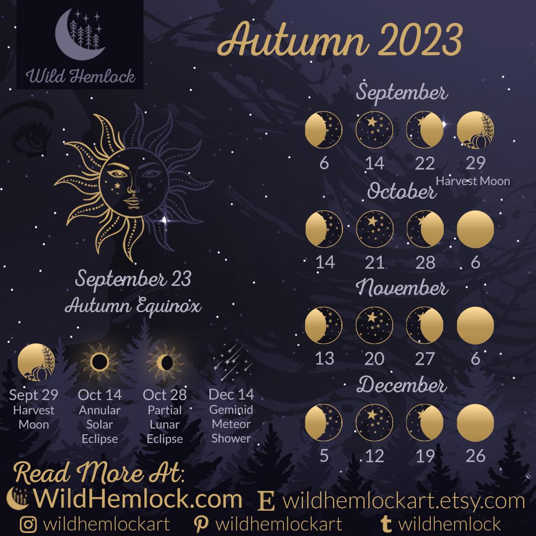 Autumn 2023 Moon Phases and Astronomical Events at WildHemlock.Com Learn More about the harvest moon, the autumn equinox, the geminid meteor shower, and more at Wild Hemlock WildHemlock.Com