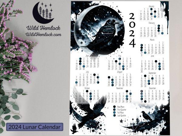 Raven Gothic Decor 2024 Moon Calendar Witchy Decor Raven Art Lunar Calendar Witchy Calendar