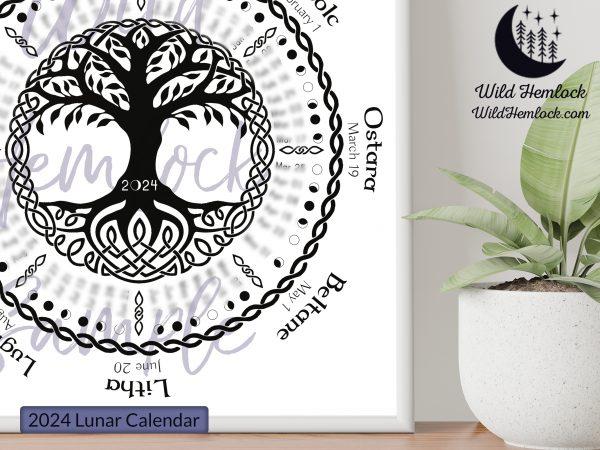 2024 Lunar Calendar with Celtic Tree of Life and Wheel of the Year. 2024 Moon Calendar Moon Phase Calendar with Witch Holidays and Moon Phases