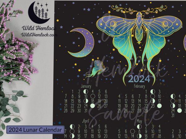 2024 Lunar Calendar with Luna Moth Celestial Art Crescent Moon Phases Moon Phase Calendar Dark Cottagecore Wall Calendar at Wild Hemlock WildHemlock.Com
