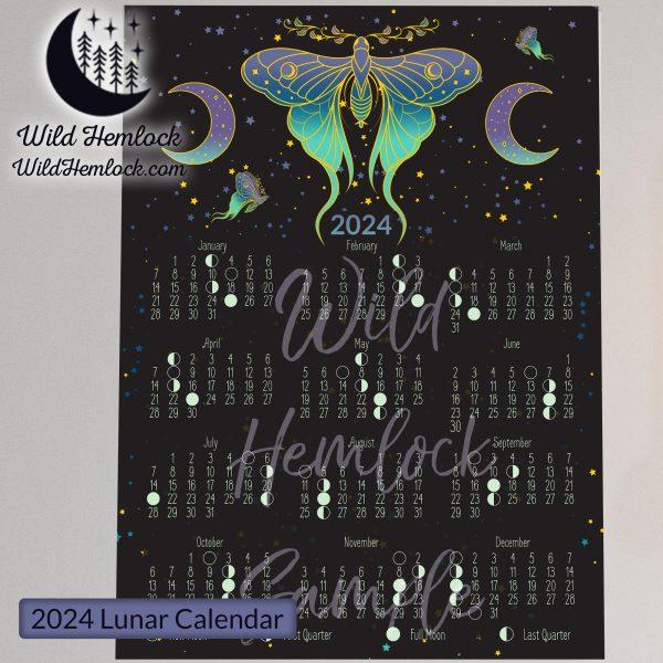 2024 Lunar Calendar with Luna Moth Celestial Art Crescent Moon Phases Moon Phase Calendar Dark Cottagecore Wall Calendar at Wild Hemlock WildHemlock.Com