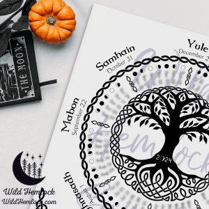 2024 Lunar Calendar with Celtic Tree of Life and Wheel of the Year. 2024 Moon Calendar Moon Phase Calendar with Witch Holidays and Moon Phases